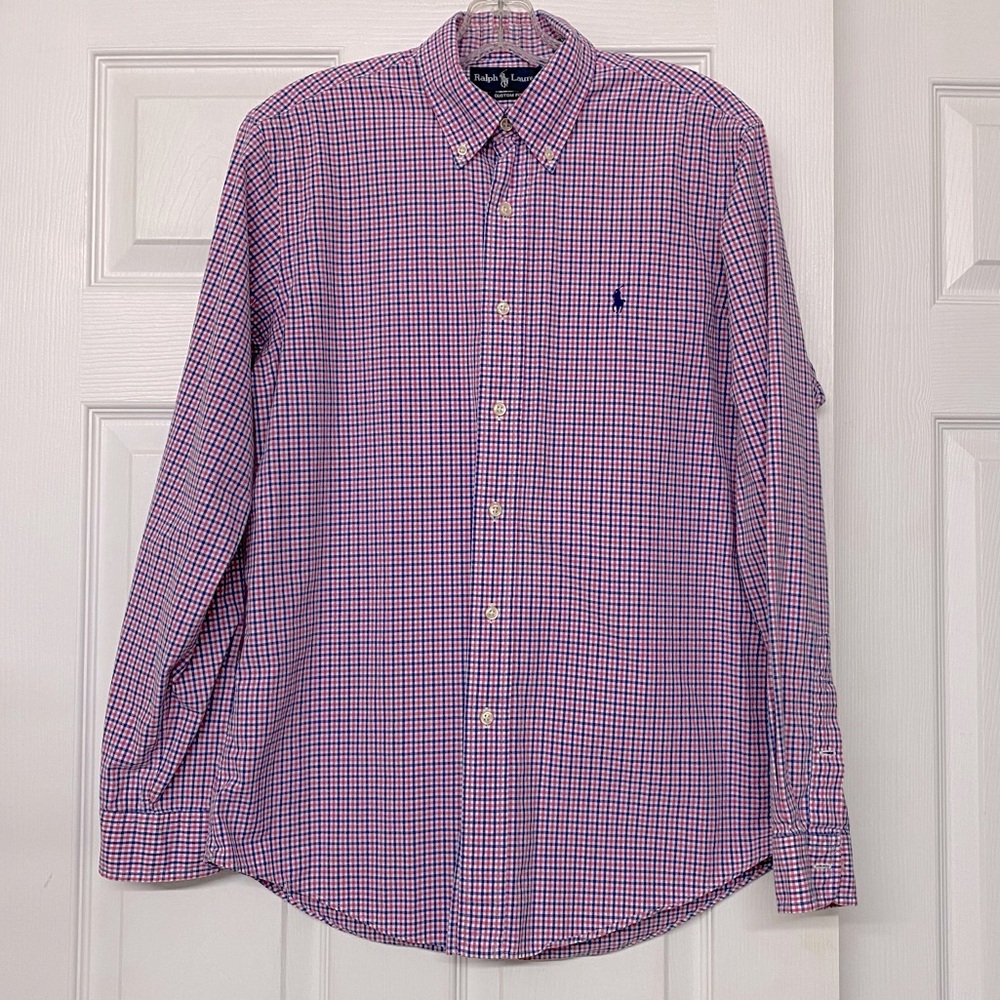 Ralph Lauren Blue Pink Check Long Sleeve Button Front Shirt Sz M